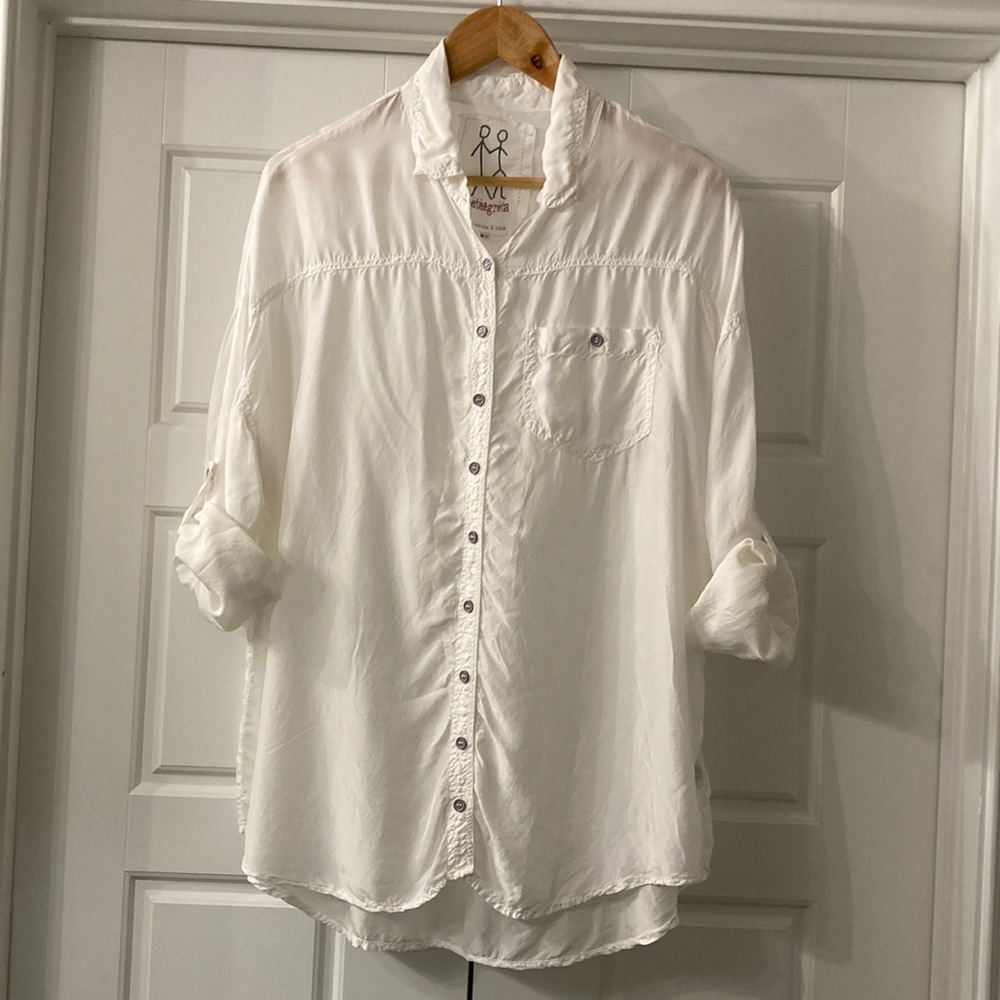 Johnny was pete and Greta Cupra sheer button down roll tab oversize tunic top